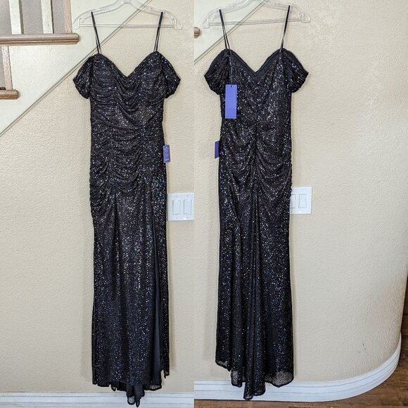 Black Sequin Off the Shoulder Formal Long Dress 10 - Picture 2 of 4